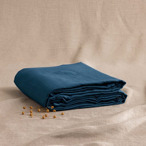 Drap Housse en Lin Lavé Bleu Prusse