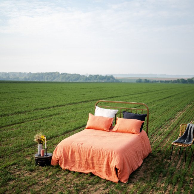 Housse de Couette en Lin Lavé Abricot Bicolore