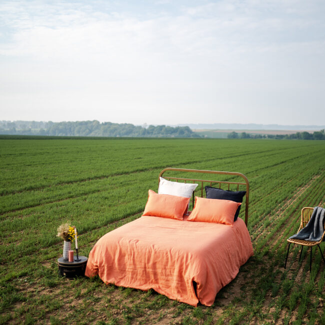 Housse de Couette en Lin Lavé Abricot Bicolore