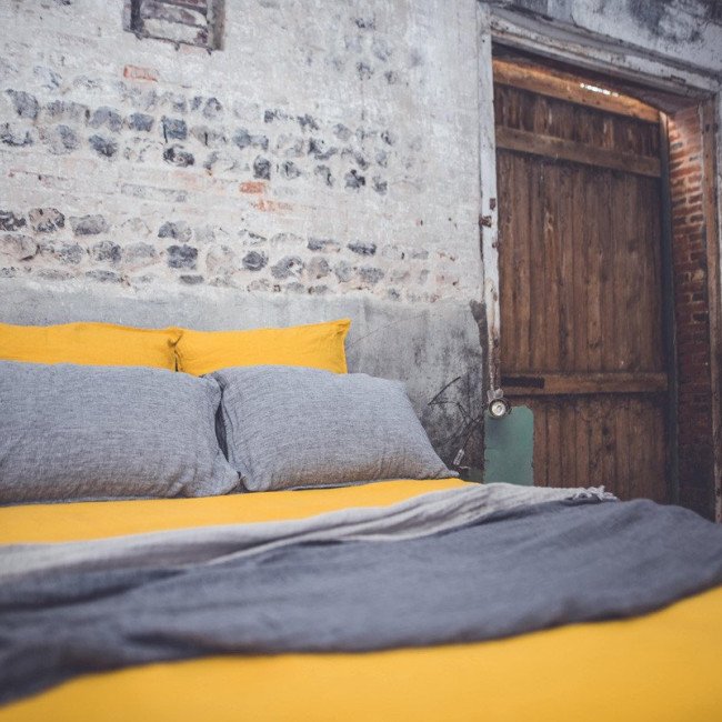 Drap Plat en Lin Lavé Jaune Safran