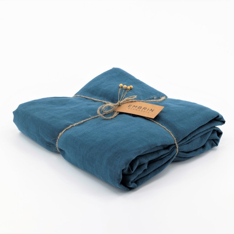 Drap Housse Papillon en Lin Lavé Bleu Prusse - Embrin