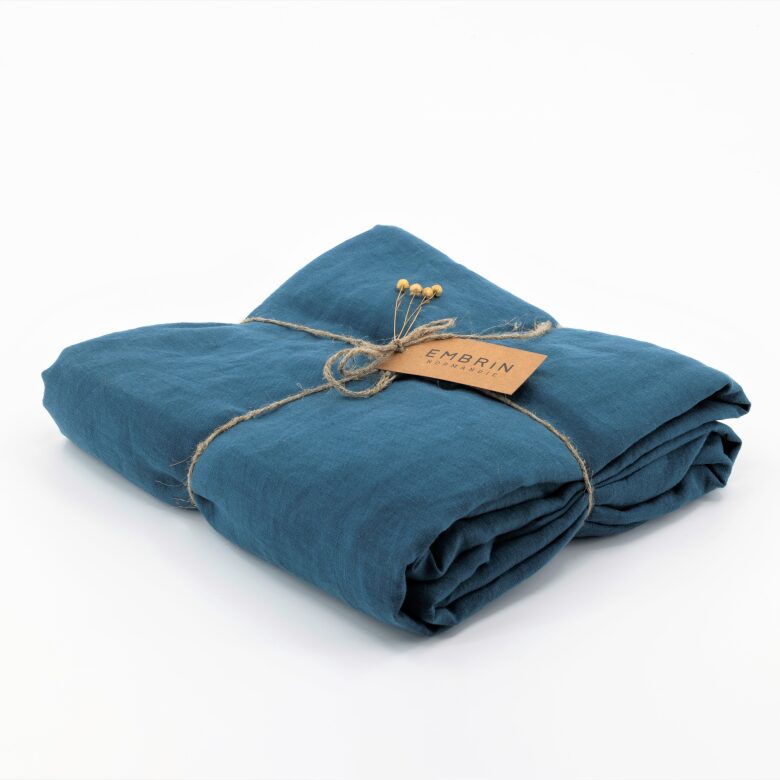 Drap Housse Papillon en Lin Lavé Bleu Prusse - Embrin