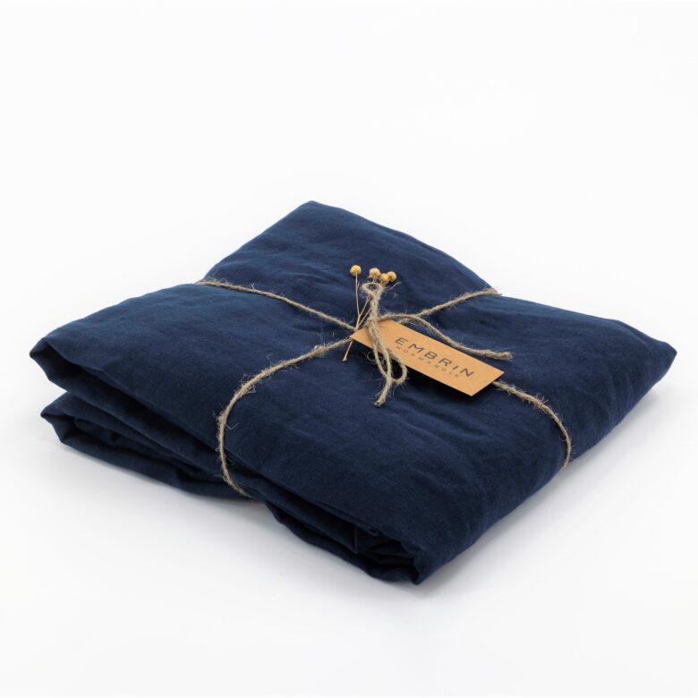 Drap Housse Papillon en Lin Lavé Bleu Nuit - Embrin