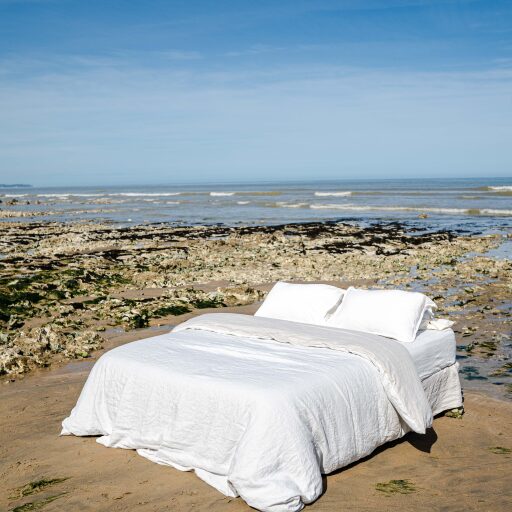 Drap Housse Papillon en Lin Lavé Blanc Craie