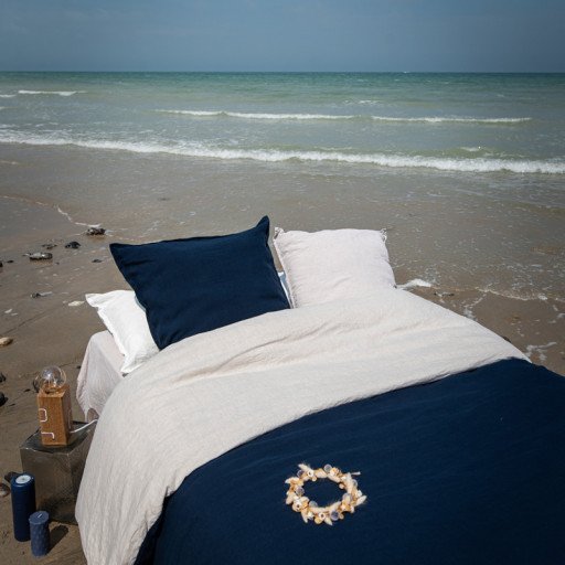 Housse de Couette en Lin Lavé Bleu Nuit Bicolore