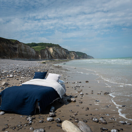 Housse de Couette en Lin Lavé Bleu Nuit Bicolore