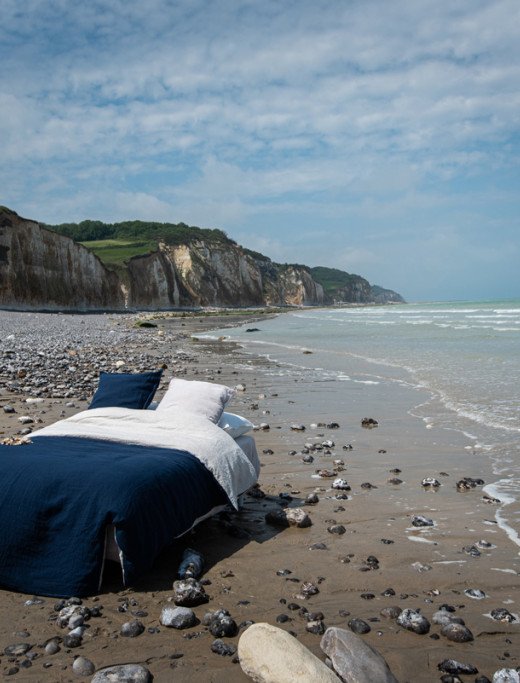 Housse de Couette en Lin Lavé Bleu Nuit Bicolore