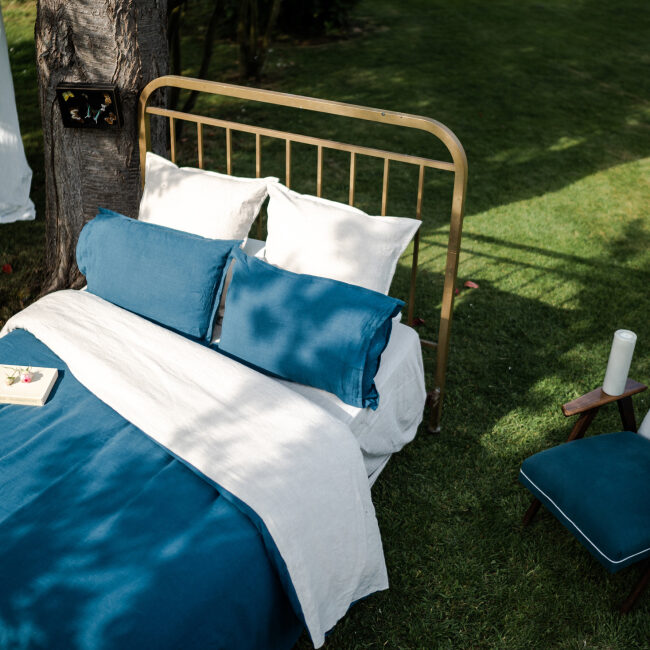 Housse de Couette en Lin Lavé Bleu Prusse Bicolore