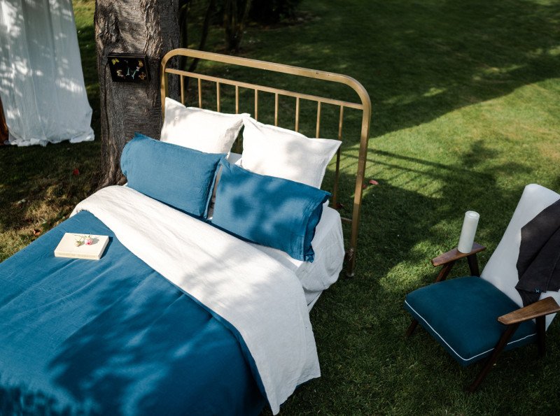 Housse de Couette en Lin Lavé Bleu Prusse Bicolore