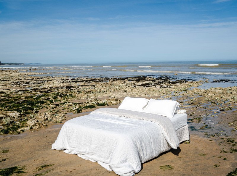 Housse de Couette en Lin Lavé Craie Bicolore