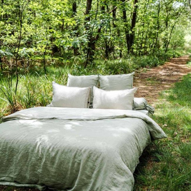 Housse de Couette en Lin Lavé Vert Tilleul Bicolore