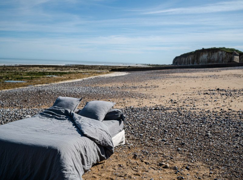 Drap Housse en Lin Lavé Gris Brume