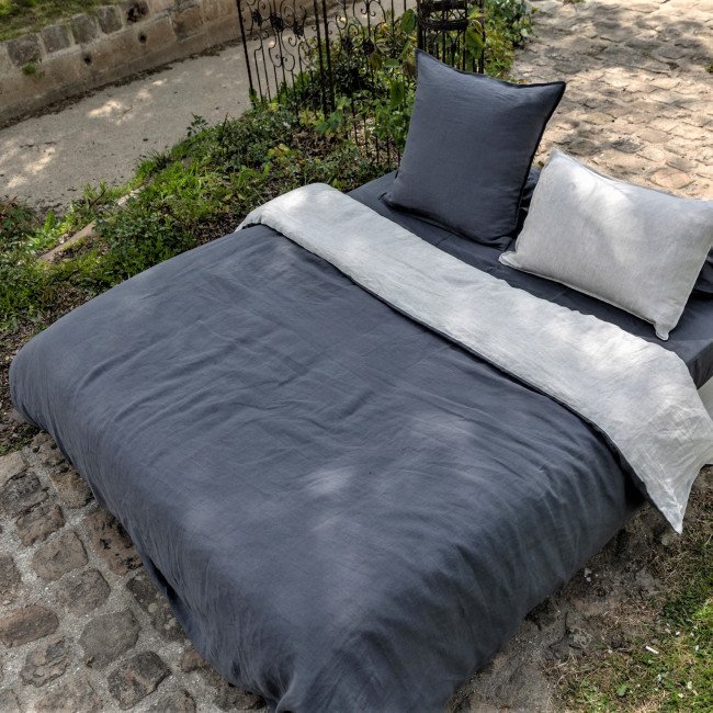 Housse de Couette en Lin Lavé Gris Silex Bicolore