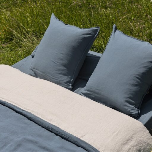 Housse de Couette en Lin Lavé Bleu Ardoise Bicolore