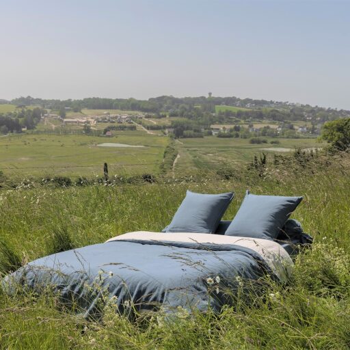 Housse de Couette en Lin Lavé Bleu Ardoise Bicolore