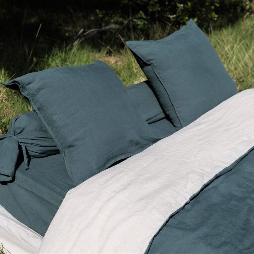 Housse de Couette en Lin Lavé Vert Forêt Bicolore