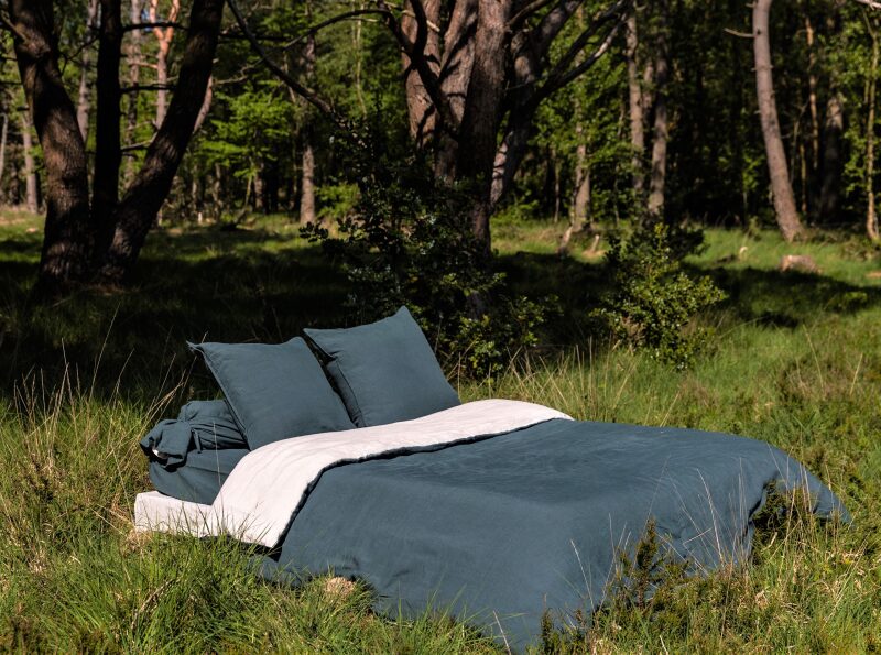 Housse de Couette en Lin Lavé Vert Forêt Bicolore