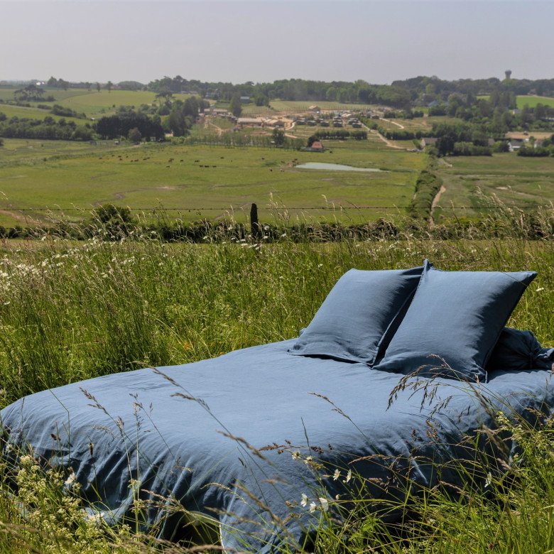 Drap Plat en Lin Lavé Bleu Ardoise - Embrin