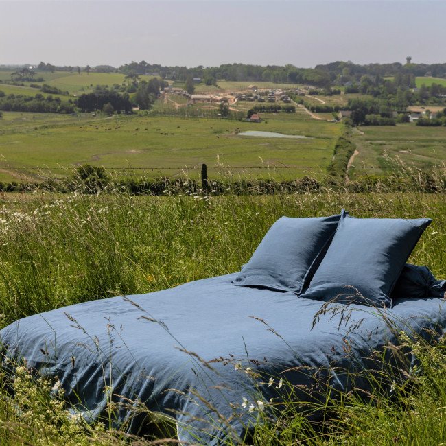 Drap Housse en Lin Lavé Bleu Ardoise