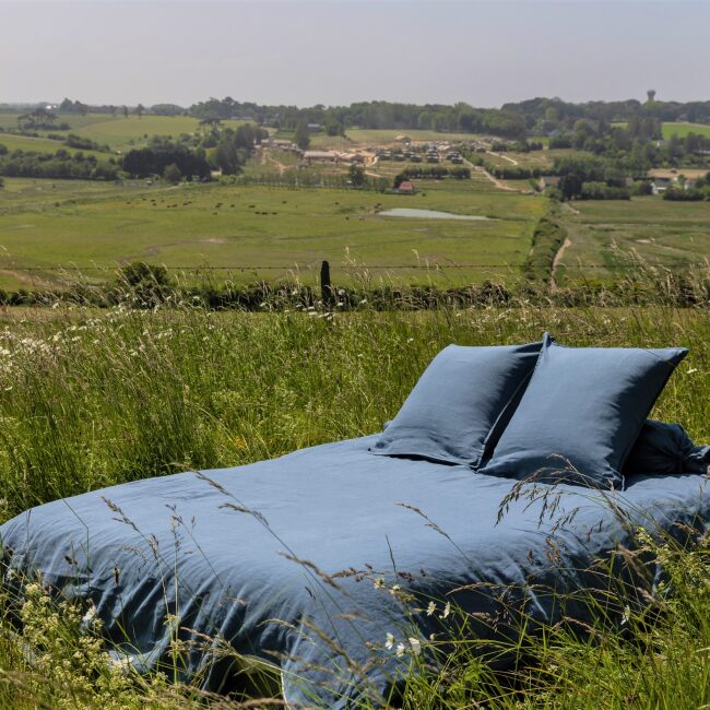 Drap Housse en Lin Lavé Bleu Ardoise