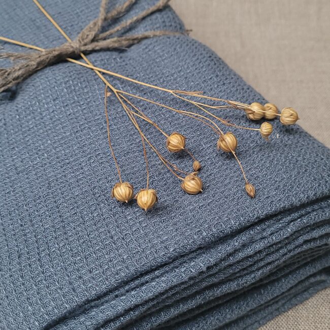 Serviette Nid d'Abeille en Lin Lavé Bleu Ardoise
