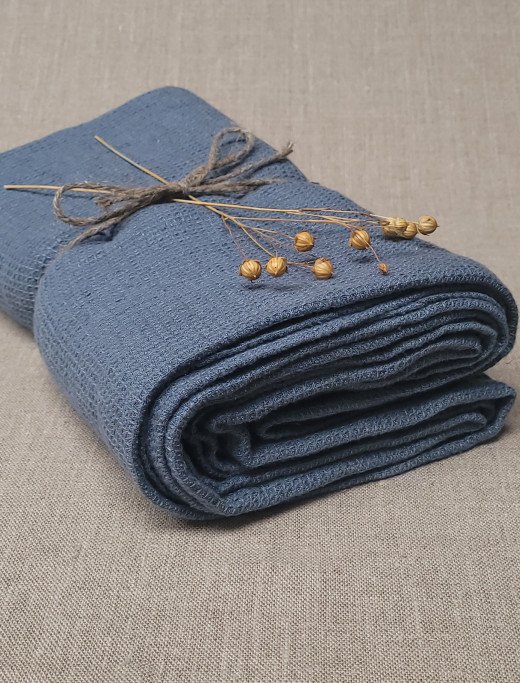 Serviette Nid d'Abeille en Lin Lavé Bleu Ardoise