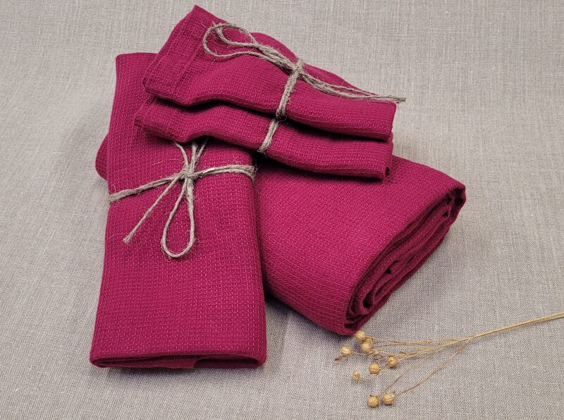 Serviette Nid d'Abeille en Lin Lavé Rose Bruyère