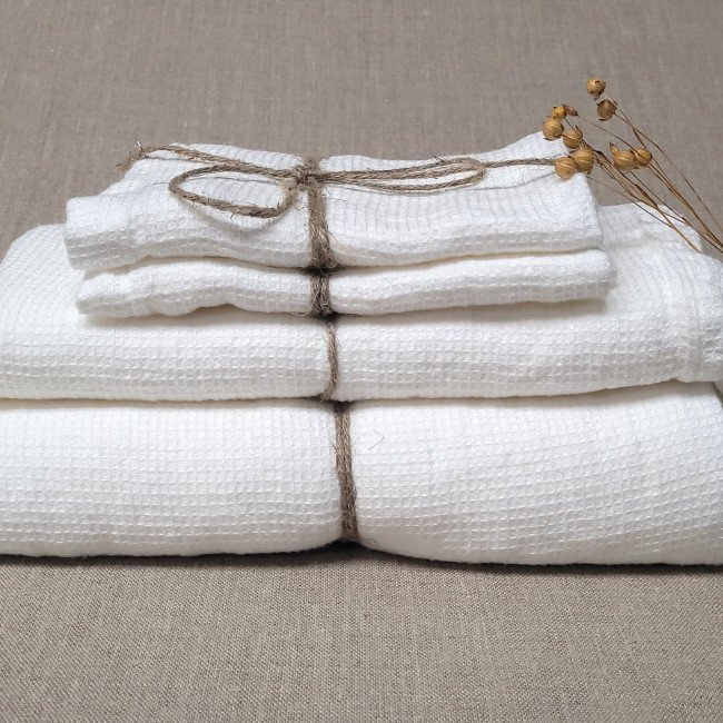 Serviette Nid d'Abeille en Lin Lavé Blanc Craie