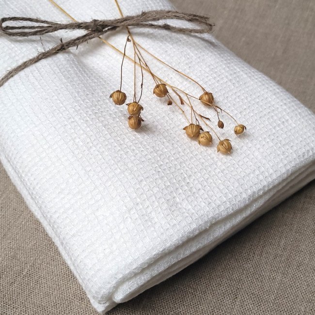 Serviette Nid d'Abeille en Lin Lavé Blanc Craie
