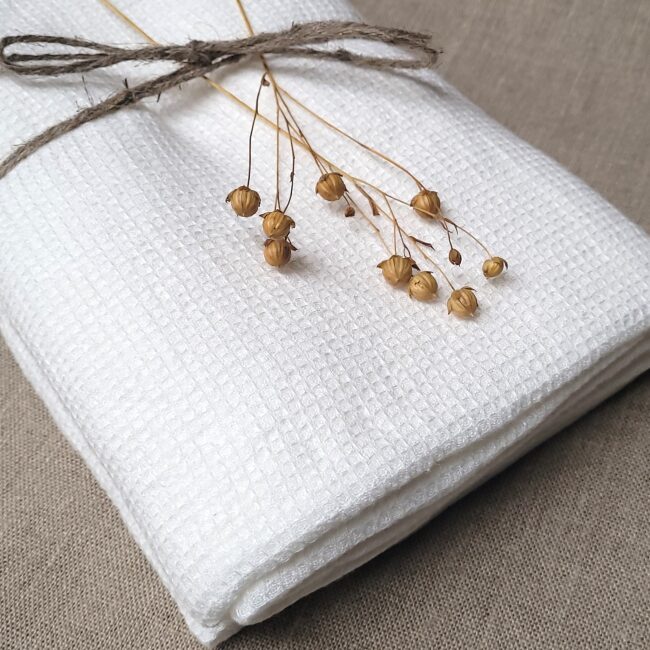 Serviette Nid d'Abeille en Lin Lavé Blanc Craie