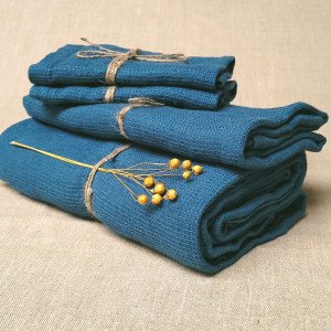 Serviette Nid d'Abeille en Lin Lavé Bleu Prusse