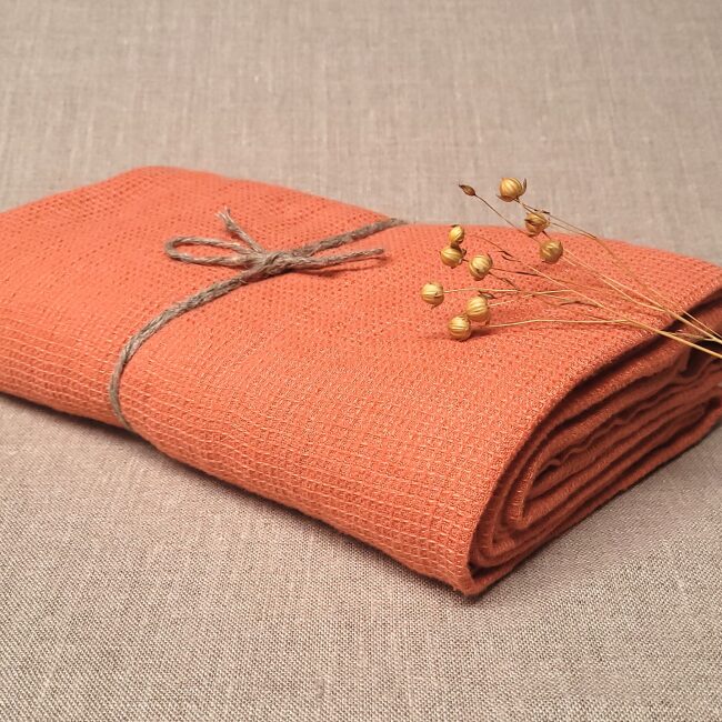 Serviette Nid d'Abeille en Lin Lavé Abricot