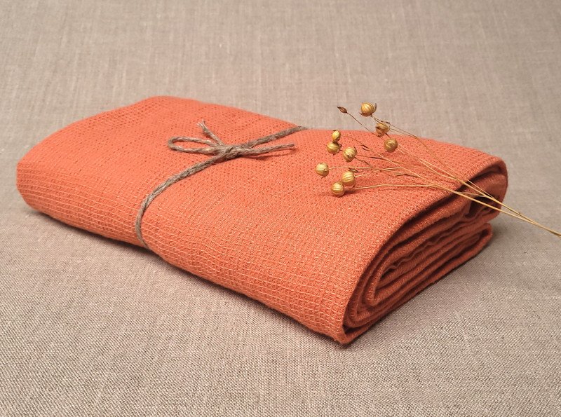 Serviette Nid d'Abeille en Lin Lavé Abricot