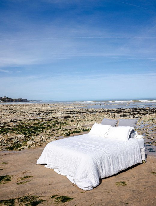 Drap Plat en Lin Lavé Craie