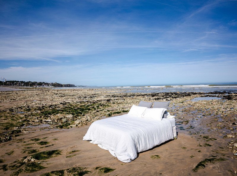 Drap Plat en Lin Lavé Craie