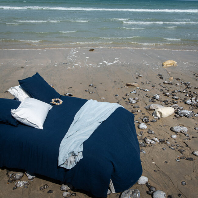 Drap Plat en Lin Lavé Bleu Nuit