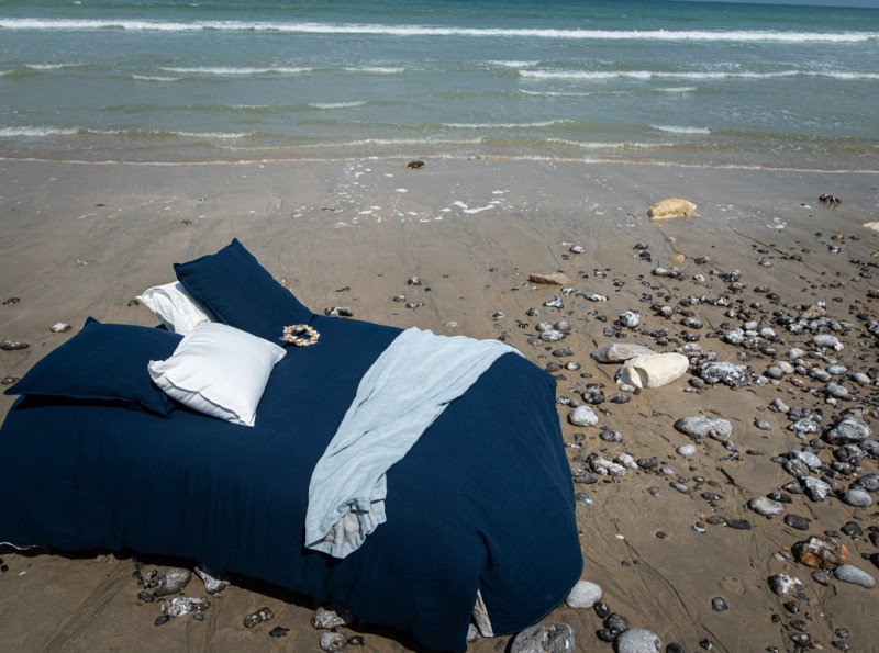 Drap Plat en Lin Lavé Bleu Nuit