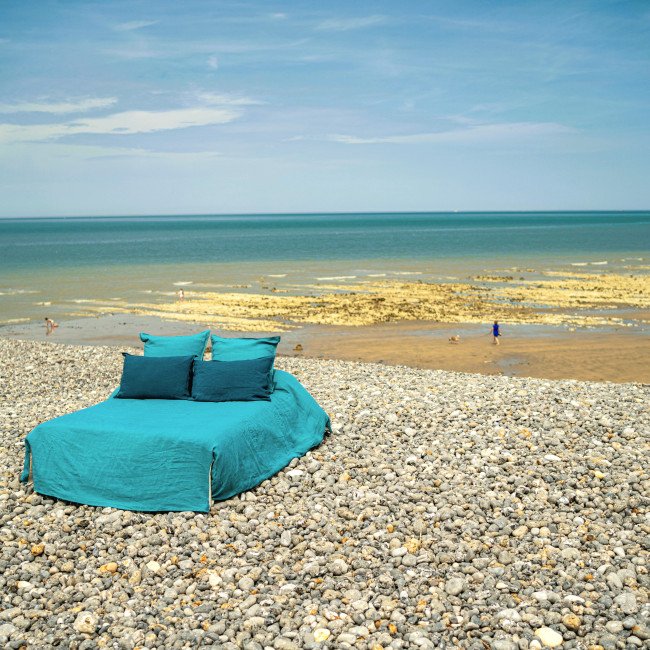 Drap Plat en Lin Lavé Bleu Lagon