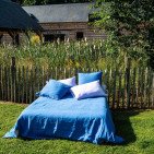 Drap Plat en Lin Lavé Fleur Bleue