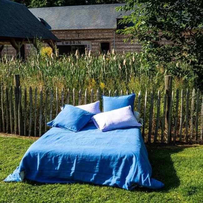 Drap Plat en Lin Lavé Fleur Bleue