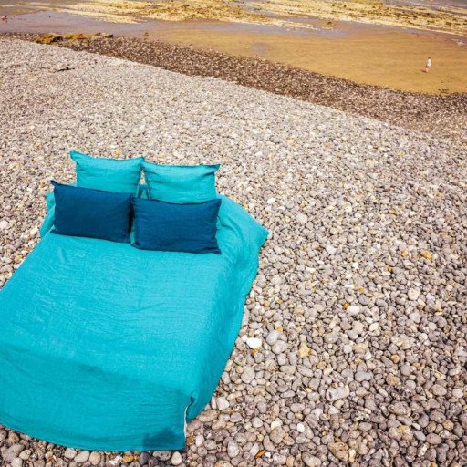 Drap Housse en Lin Lavé Bleu Lagon