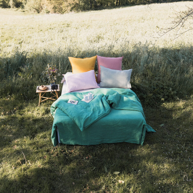Housse de Couette en Lin Lavé Vert Petit Pois - Embrin