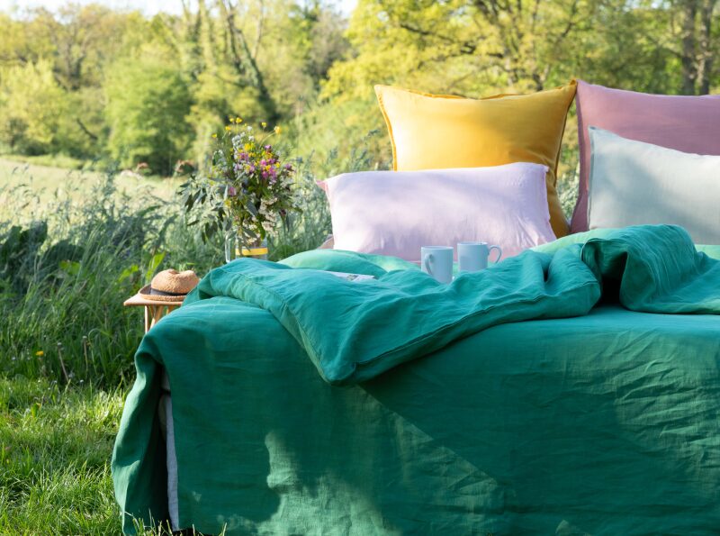 Housse de Couette en Lin Lavé Vert Petit Pois