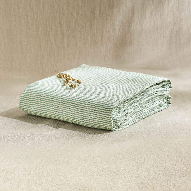 Drap Plat en Lin Lavé Rayure Sauge - Embrin