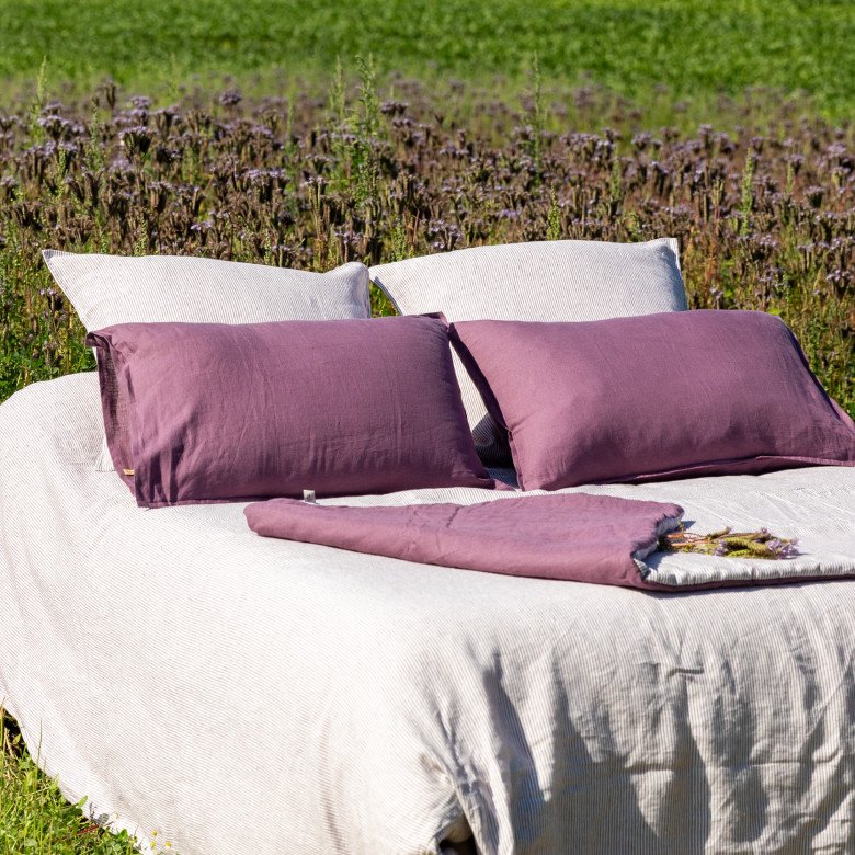 Housse de Couette en Lin Lavé Rayure Prune - Embrin