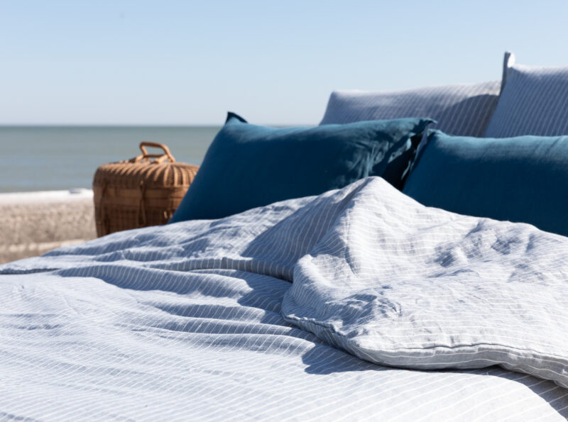 Housse de Couette en Lin Lavé Rayure Ardoise