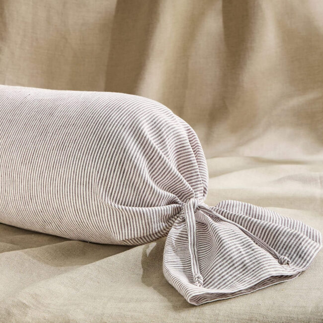 Taie de Traversin en Lin Lavé Rayure Prune