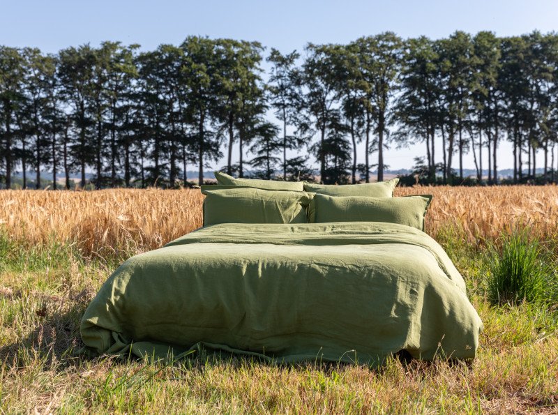 Housse de Couette en Lin Lavé Vert Olive