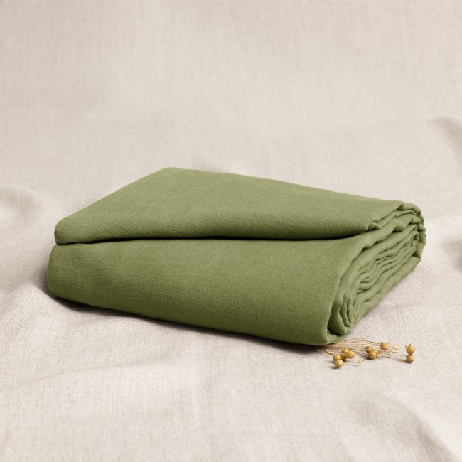 Drap Housse en Lin Lavé Vert Olive