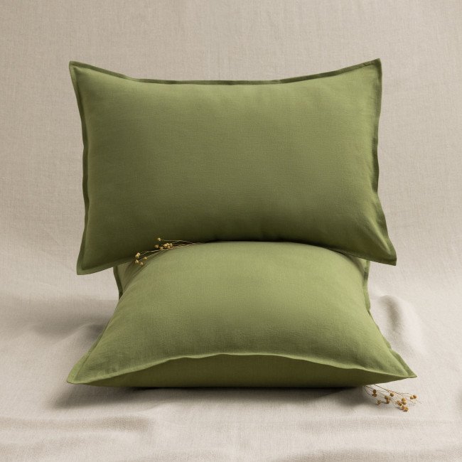 Taie d’Oreiller en Lin Lavé Vert Olive